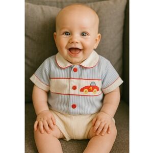 Vintage Cradle Togs Newborn Baby Shirt Blue Striped Car‎ Applique Collared Top